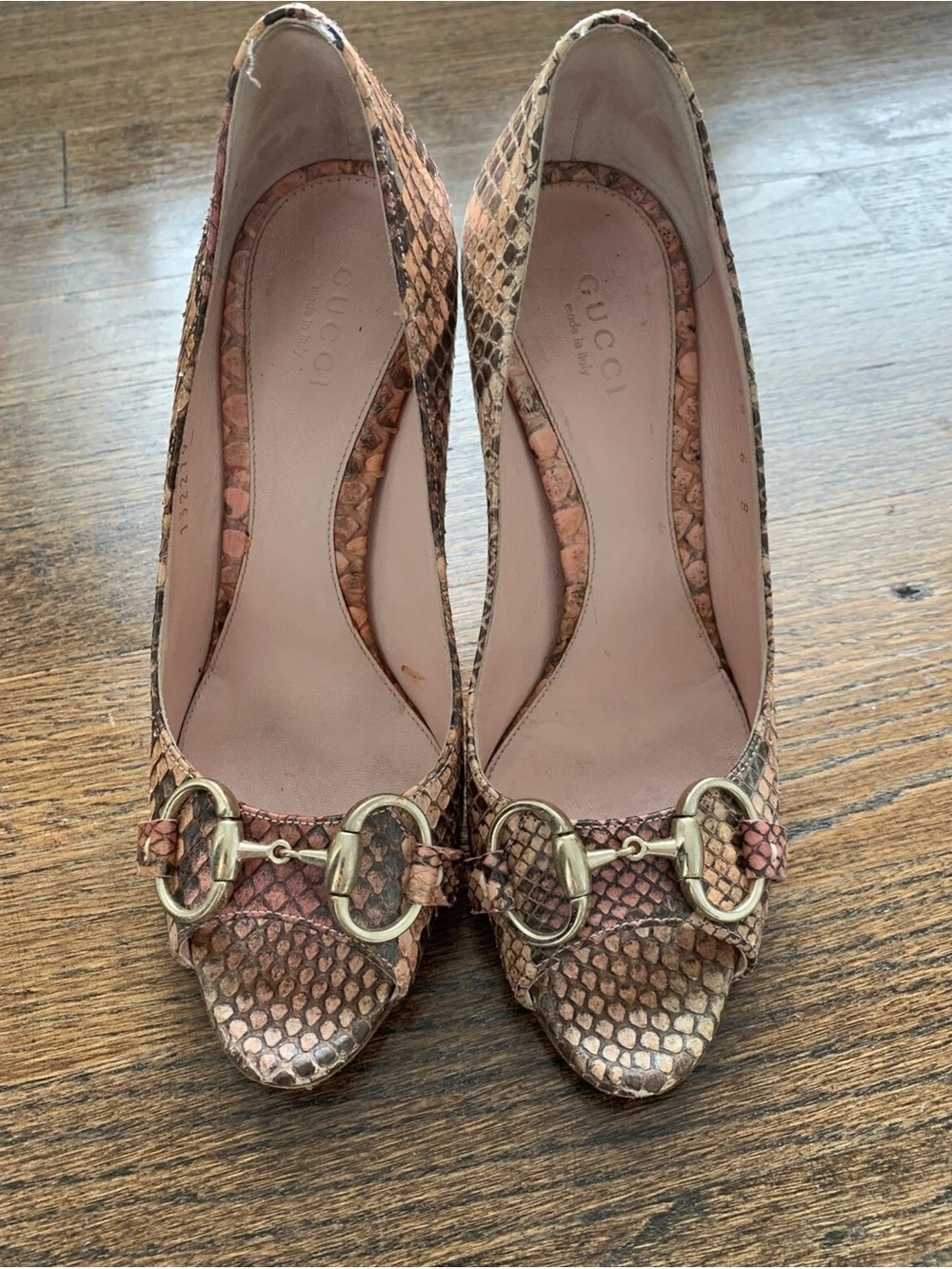 Gucci Pink Snakeskin Horsebit Peep-Toe Pumps with Gold Hardware